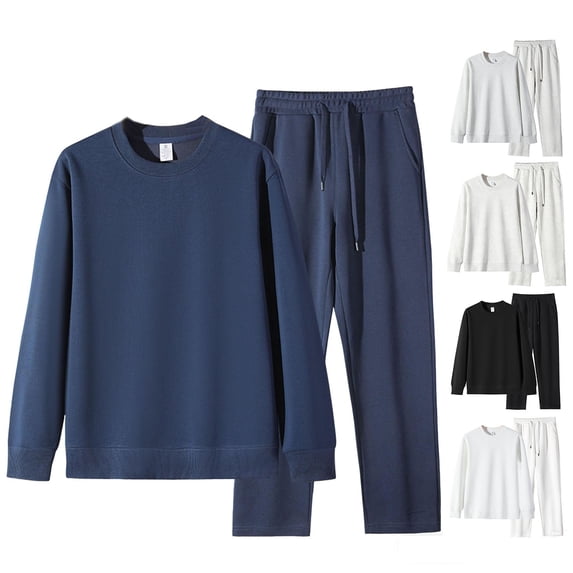 BiZtdJrK Men's Cotton Sweatsuit Big and Tall Loose Solid Casual 2 Piece Sets Crew Neck Long Sleeve Pullover Tops Drawstring Sweatpants with Pockets Navy M