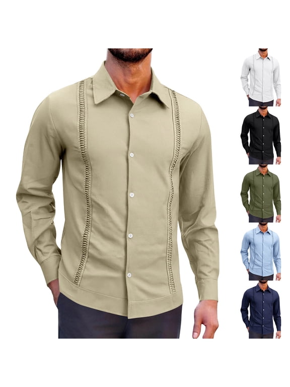 Men's Cuban Guayabera Shirts Long Sleeve Untucked Solid Button Down Work Wedding Shirts Causal Beach Vacation Tops Khaki XL