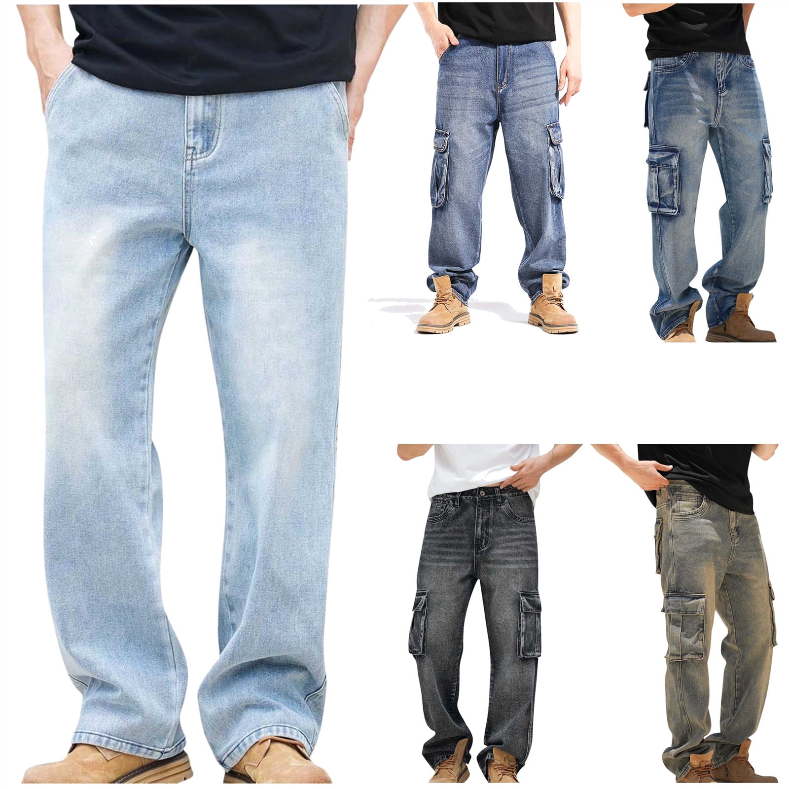 BiZtdJrK Men's Denim Cargo Pants Baggy Wide Leg Jeans with Multi ...