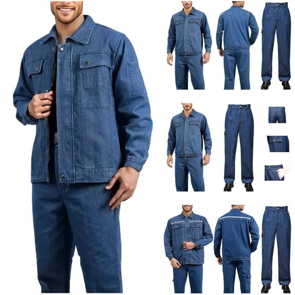 BiZtdJrK Men's Denim Sets Suits Single Breasted Lapel Jacket and Full Length Jeans Fall Winter 2 Pieces Outfits with Pockets, Blue, L
