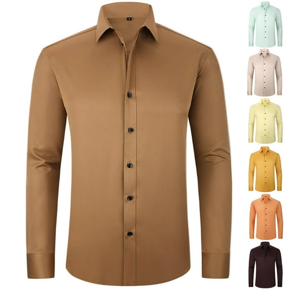 BiZtdJrK Men's Dress Shirt Long Sleeve Casual Button Down Shirts Wrinkle-Free Formal Shirt Solid Regular Fit Wedding Prom Shirt Prime Big Deal Days Coffee XXL