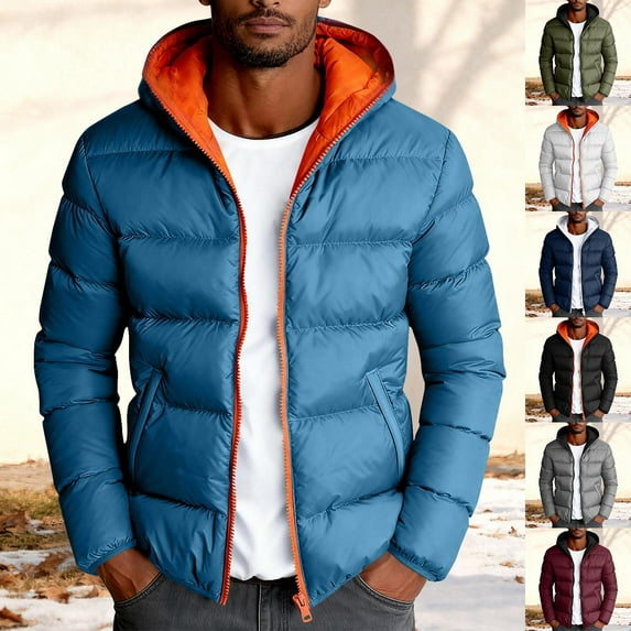 BiZtdJrK Men's Fall Hooded Down Jacket Long Sleeve Warm Zip Up Quilted Coat Solid Color Casual Puffer Jackets with Pockets, Dark Blue, S
