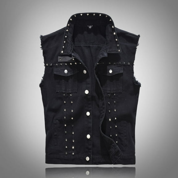 BiZtdJrK Men's Fashion Denim Vest Lapel Sleeveless Punk Jean Jacket Big and Tall Button Down Casual Vests with Rivets Black XXXXXL