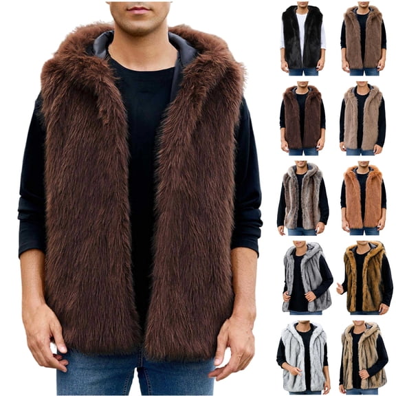 BiZtdJrK Men's Faux Fur Vest with Hood Furry Warm Winter Jacket Outwear Sleeveless Open Front Cardigan Hoodie Coats, Orange, XXL