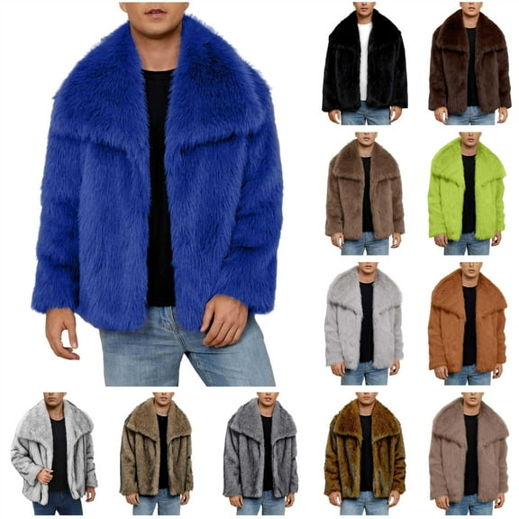 BiZtdJrK Men's Faux Fur Winter Coats Turn Down Collar Open Front Cardigans Jacket Long Sleeve Fluffy Warm Overcoat, Green, XXXL