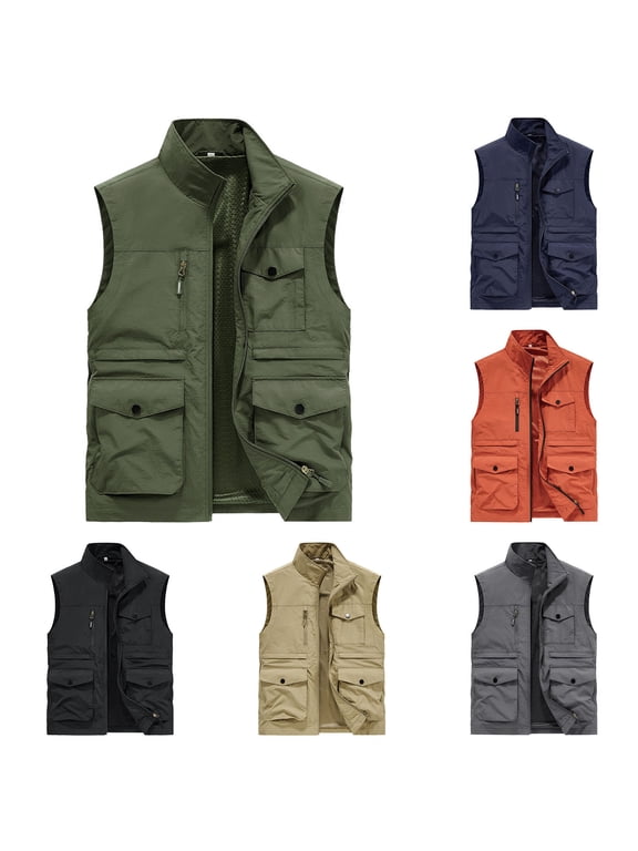Men's Fishing Cargo Vest Outdoor Photography Zip Up Work Vests Mesh Lined Stand Collar Sleeveless Travel Hiking Jackets Plus Size Zipper Outerwear with Multi Pockets Army Green L