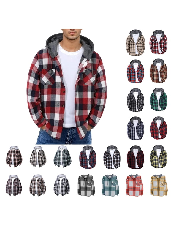 Men's Flannel Hoodie Shirts Casual Button Down Plaid Shirt Jackets Drawstring Long Sleeve Hooded Jacket with Chest Pockets Khaki XXL