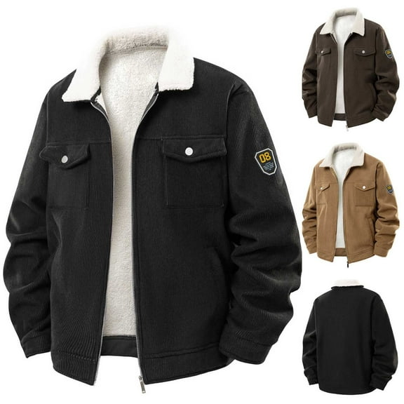 BiZtdJrK Men's Fleece Lined Jacket Lapel Full Zip Long Sleeve Warm Winter Coats Comfy Solid Trucker Jackets with Chest Pockets Coffee M