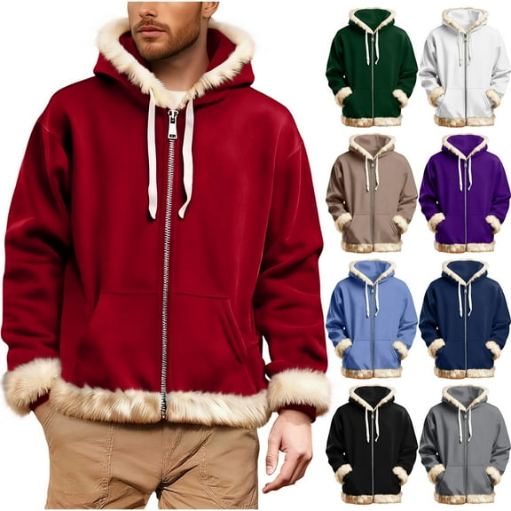 BiZtdJrK Men's Full Zip Up Hoodies Faux Fur Trim Long Sleeve Christmas Sweatshirts Casual Oversized Jackets with Pockets, White, XXXL