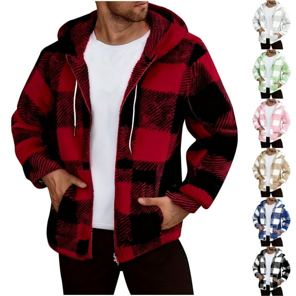 BiZtdJrK Men's Fuzzy Fleece Plaid Hoodie Jacket Casual Zip Up Hooded Winter Coats Plush Warm Cardigan Outerwear with Pockets, Black, XXL