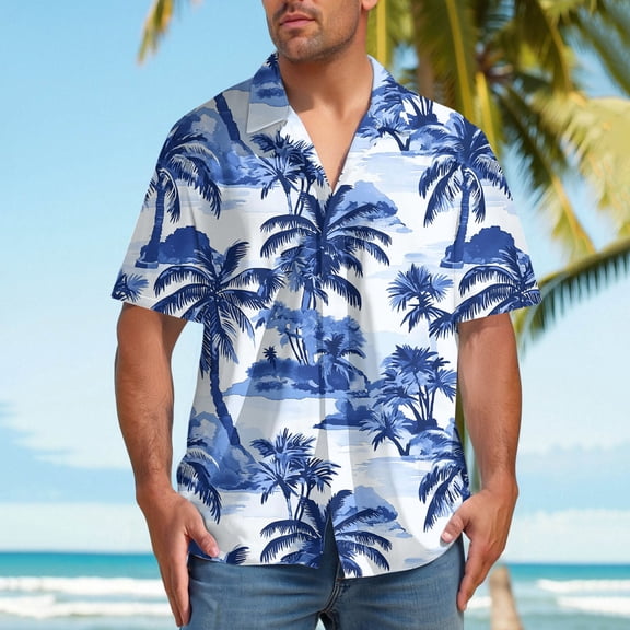 BiZtdJrK Men's Hawaiian Floral Shirts Big and Tall Short Sleeve Beach Vacation Shirt Loose Fit Casual Summer Button Down Shirts Blue L