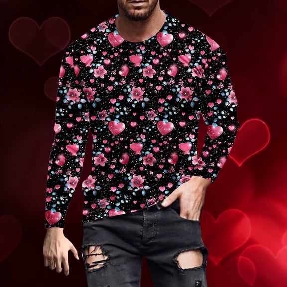 BiZtdJrK Men's Heart Graphic T Shirts Round Neck Long Sleeve Valentines Day T Shirt Plus Size Regular Fit Fashion Holiday Tees Pink M