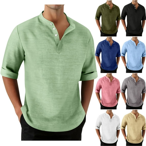 BiZtdJrK Men's Henley Shirts Roll Up 3/4 Sleeve Shirt Casual Button Stand Up Collar Tees Shirt Summer Fall Going Out Tops Dark Blue XXXL