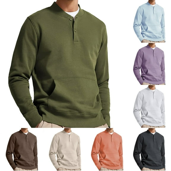 BiZtdJrK Men's Henley Shirts Solid Cotton Casual Shirts Long Sleeve Pullover Tops Collarless Golf Shirts with Kangaroo Pocket Army Green XXXL