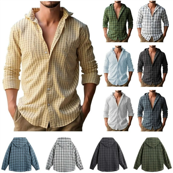 BiZtdJrK Men's Jackets Hoodies Button Down Plaid Shirts Breathable Workout Hoodie Preppy Lightweight Drawstring Pullover, Yellow, L