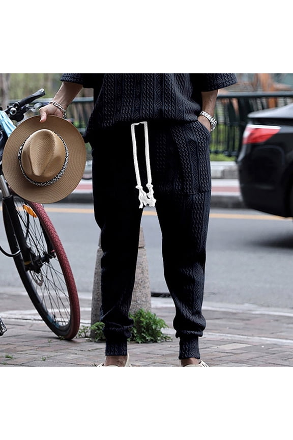 Men's Knit Cargo Pants Slim Fit Straight Leg Pants Elastic Waist Drawstring Casual Pants Fashion Outdoor Vacation Trousers with Pockets Navy M