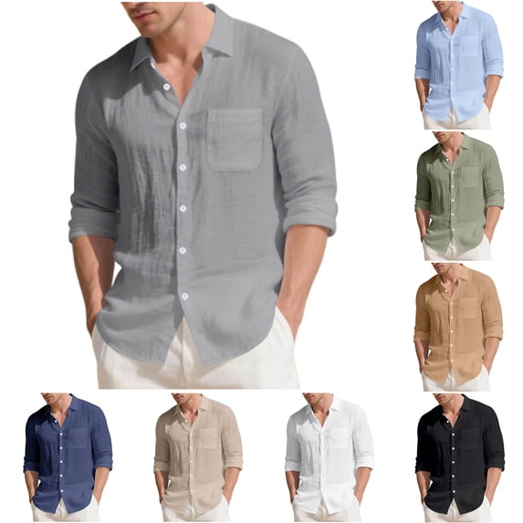 BiZtdJrK Men's Linen Shirts Casual Button Down Long Sleeve Shirt Solid Lapel Collar Summer Beach Tops with Pocket White XL