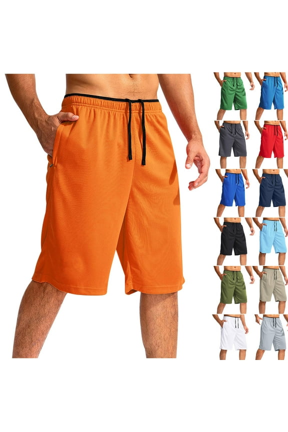 BiZtdJrK Men's Long Basketball Shorts with Zipper Pocket Lightweight Quick Dry Gym Shorts Mesh Breathable Below Knee Athletic Shorts, Orange, XXXL