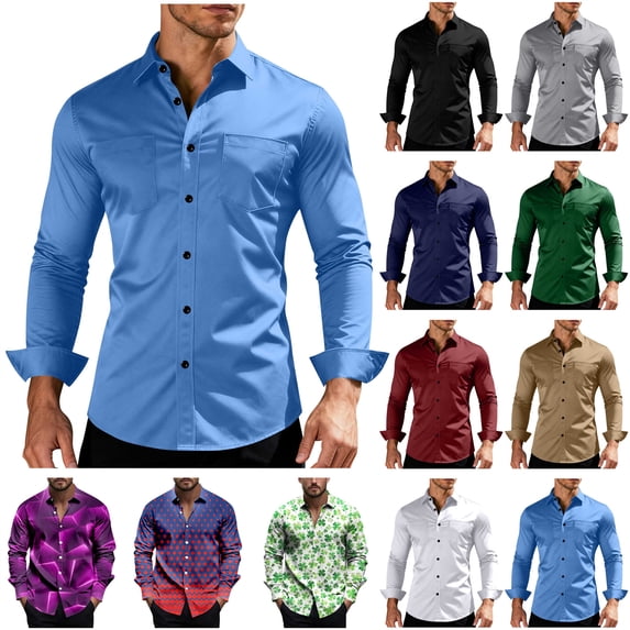 BiZtdJrK Men's Long Sleeve Dress Shirts Solid Color Business Casual Button Down Shirt Wedding Party Formal Work Tops with Pocket, Gray, S