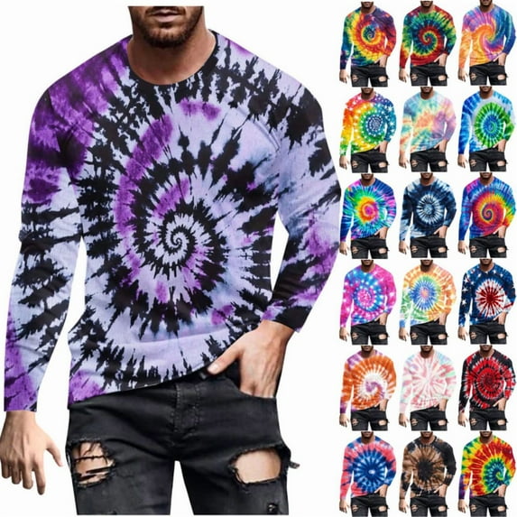 BiZtdJrK Men's Long Sleeve Shirts Casual Crewneck Pullover T-Shirt Cotton Basic Tees Fall Tops Fashion Tie Dye Print Blouse, Red, XXXXL