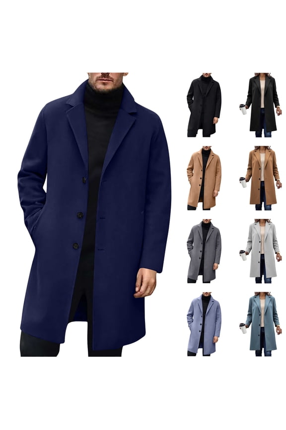 BiZtdJrK Men's Long Sleeve Trench Coat Casual Slim Fit Notched Collar Long Jacket Overcoat Single Breasted Pea Coat wih Pockets, Dark Gray, L