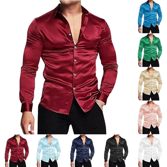 BiZtdJrK Men's Luxury Satin Dress Shirt Shiny Long Sleeve Button Up Shirts Solid Color Lapel Work Blouses Wedding Party Prom Shirt Tops Back to College Sale Black XXL