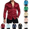 thumbnail image 1 of BiZtdJrK Men's Luxury Satin Dress Shirt Shiny Long Sleeve Button Up Shirts Solid Color Lapel Work Blouses Wedding Party Prom Shirt Tops Blue S, 1 of 6