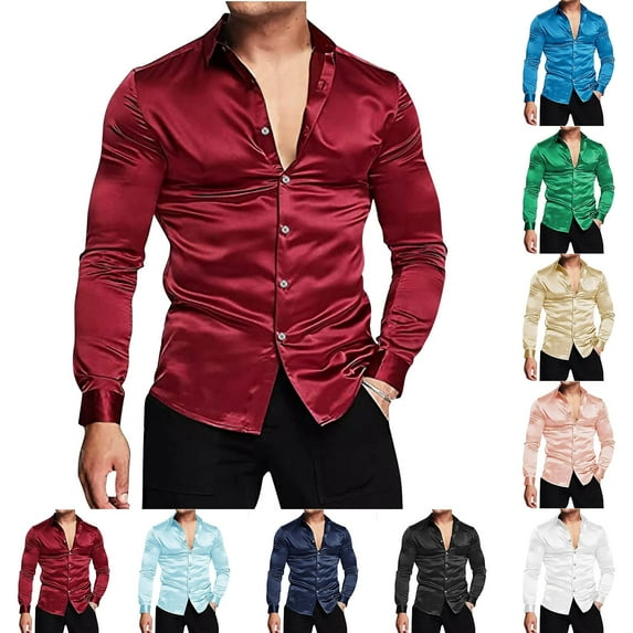 BiZtdJrK Men's Luxury Satin Dress Shirt Shiny Long Sleeve Button Up Shirts Solid Color Lapel Work Blouses Wedding Party Prom Shirt Tops Sky Blue S