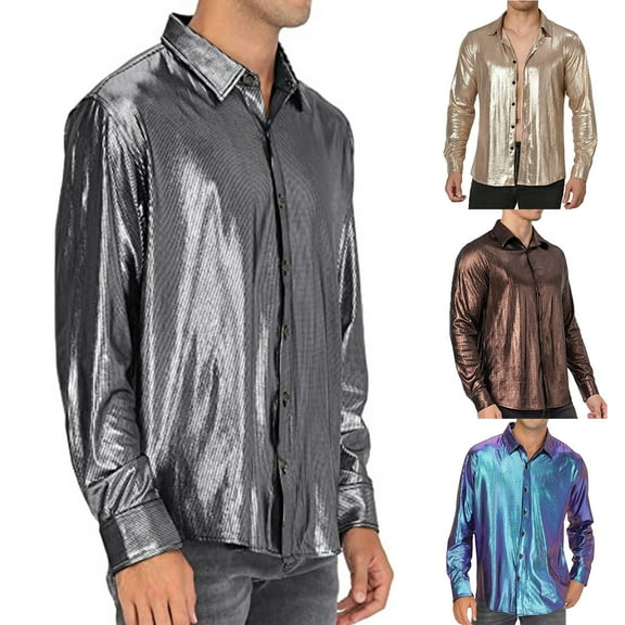 BiZtdJrK Men's Luxury Satin Dress Shirt Shiny Silk Long Sleeve Button Down Shirts Elegant Wedding Party Prom Shirt Clearance Items Gold XXL