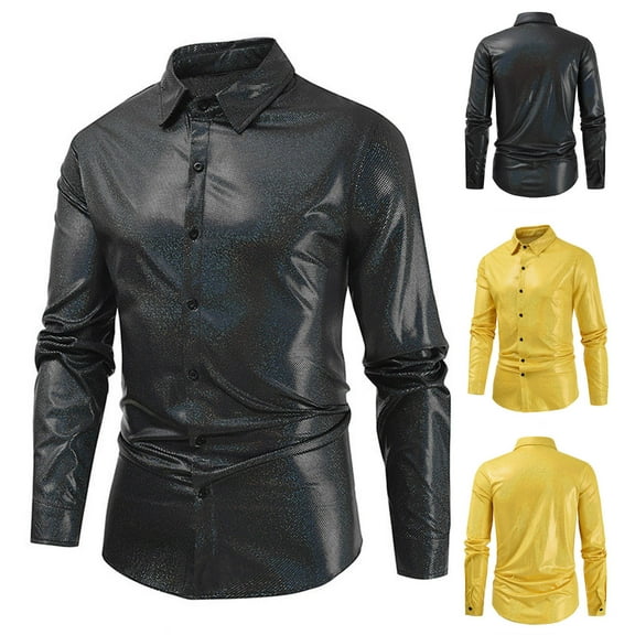 BiZtdJrK Men's Luxury Satin Dress Shirt Shiny Silk Long Sleeve Button Up Shirts Festival Wedding Party Prom Shirts Big and Tall Tops Gold 3XL