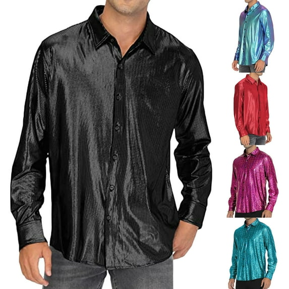 BiZtdJrK Men's Luxury Shiny Silk Satin Dress Shirt, Long Sleeve Casual Button Down Shirts Elegant Wedding Shirts Party Clubwear Todays Daily Sales Blue XL
