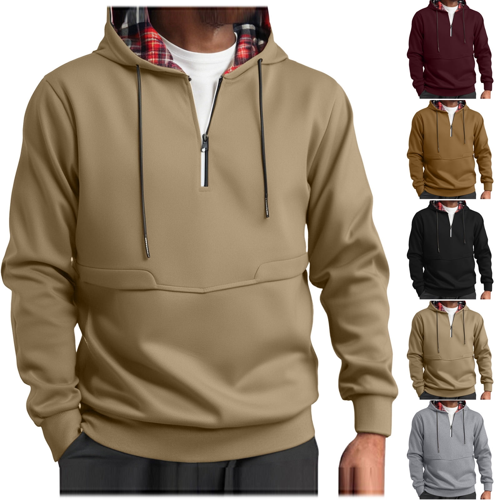 Men's Full Size Waffle Knit Quarter Zip Hoodie Plus Size
