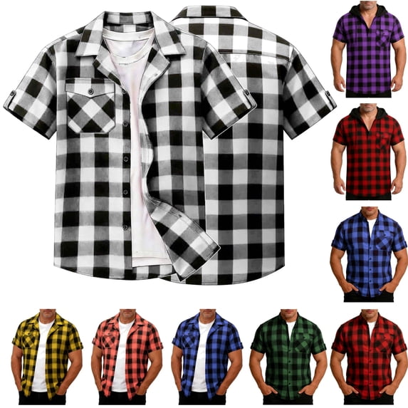 BiZtdJrK Men's Plaid Shirts Collared Short Sleeve T-Shirts Button Down Tshirts Basic Business Casual Tops with Pocket Blue L