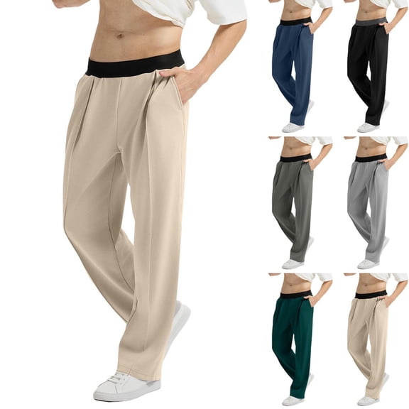 BiZtdJrK Men's Pleated Suit Pants Elastic Waist Wide Leg Office Work Pants with Pockets Lightweight Casual Yoga Trousers, Khaki, XXL