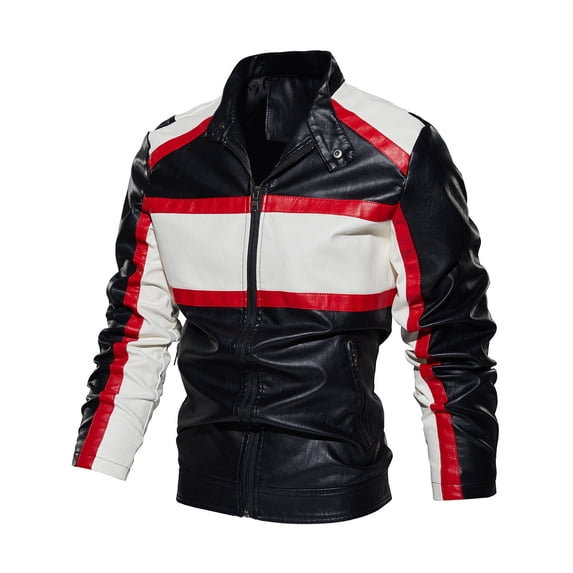 BiZtdJrK Men's Pu Faux Leather Bomber Jacket Stand Collar Big and Tall Motorcycle Jacket Casual Color Block Zip up Jacket with Pockets White,XL