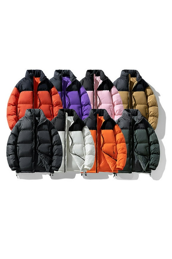 Men's Puffer Jacket Stand Collar Zipper Coat with Pockets Retro Bubble Outwear for Winter Pink XXXL