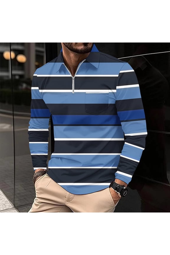 Men's Quarter Zip Shirts Fashion Striped Print Long Sleeve Polos Shirts 2025 New Casual Lightweight Street Cool Tops Sales For Today On Walmart P-Multicolor L