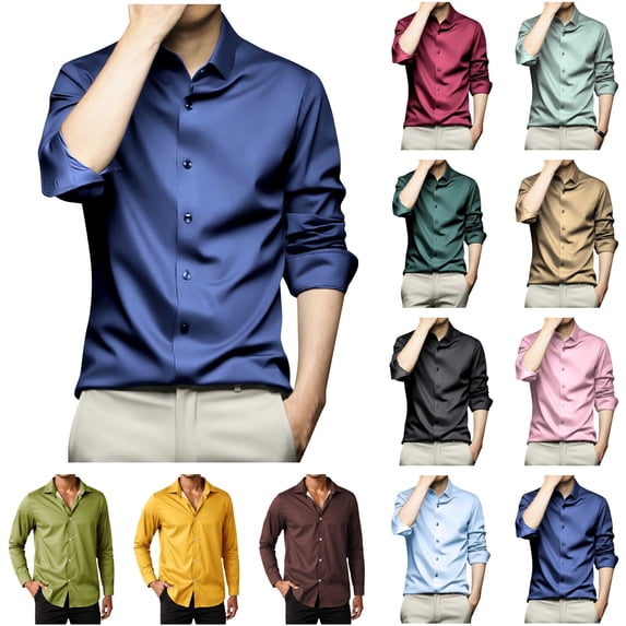 BiZtdJrK Men's Satin Dress Shirts Elegant Wedding Party Formal Shirts Button Down Long Sleeve Work Tops Solid Business Casual Big and Tall Shirts, Green, XXXL