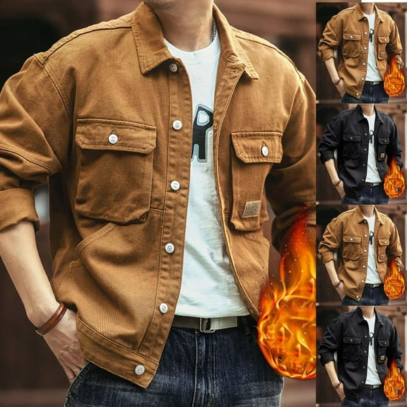 BiZtdJrK Men's Sherpa Lined Cargo Jackets with Pockets Casual Button Up Long Sleeve Shirt Jacket Fall Winter Warm Coats Fashion Streetwear Yellow XXL