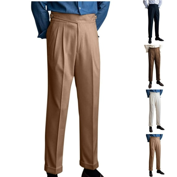 BiZtdJrK Men's Soft Cotton Dress Pants Pleated Front High Waist Suit Pants Regular Fit Business Work Pants with Pockets Khaki M