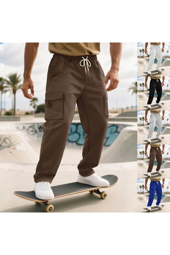 Men's Solid Cargo Sweatpants Drawstring Elastic Waist Straight Leg Pants Baggy Fashion Street Sweatpant with Multi Pockets Brown L