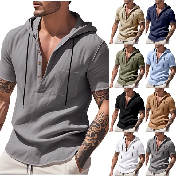 BiZtdJrK Men's Summer Hooded Shirts Cotton Linen Button Up Short Sleeve Pullover Tops Drawstring Loose Fit Solid Casual Hoodie Shirts with Chest Pocket Black L