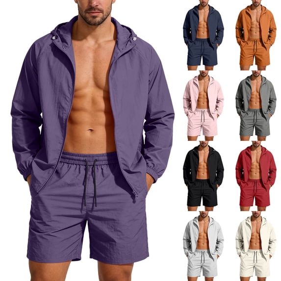BiZtdJrK Men's Sun Protection 2 Piece Sets Solid Casual Long Sleeve Hooded Jacket and Beach Shorts Matching Outfits for Outdoor Hiking, Orange, S