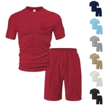 BiZtdJrK Men's Sweat Sets Casual Waffle Ribbed Knit Short Sleeve Tops and Drawstring Shorts 2 Piece Outfits Solid Lounge Set with Pockets Wine XXXL Prime Today