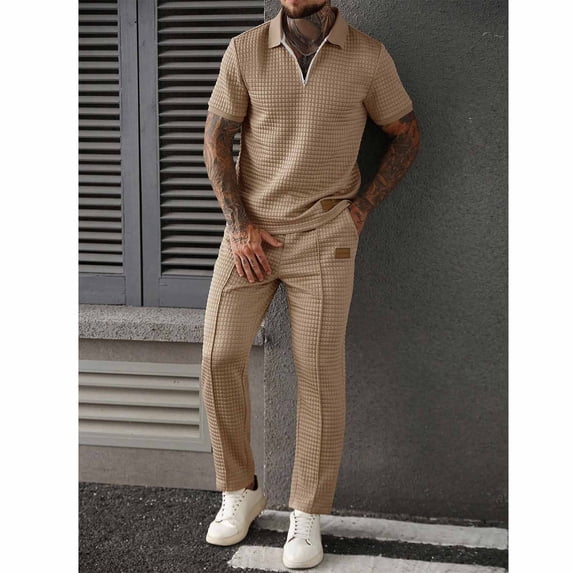 BiZtdJrK Men's Sweatsuit 2 Piece Outfits Casual Textured Quarter Zip Short Sleeve Polos Shirt and Jogger Sweatpants Tracksuit Set, Khaki, XL