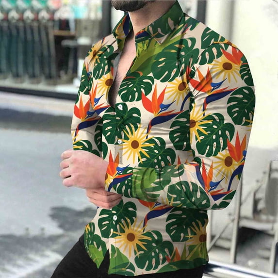 BiZtdJrK Men's Tropical Hawaiian Shirts Long Sleeve Lapel Button Down Shirt Lightweight Breathable Casual Spring Tops Multicolor M