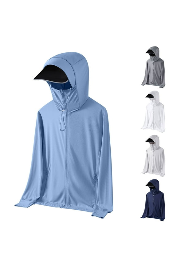 Men's UPF 50+ Sun Shirts Soft Knit Long Sleeve Rash Guard UV Protection Hoodie Jackets Zip Up Hiking Sport Outdoor Hooded Jacket with Hat and Face Mask Light Blue M