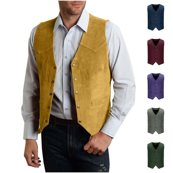 BiZtdJrK Men's Vests Dress Casual Faux Suede Long Sleeve Button Down Suit Vest Slim Fit Cowboy Vintage Waistcoat Gold XS