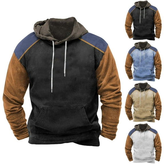 BiZtdJrK Men's Vintage Hoodie Sweatshirt Color Block Long Sleeve Drawstring Sweatshirts Loose Casual Street Clothing with Pocket Clearance Items For Women Black M
