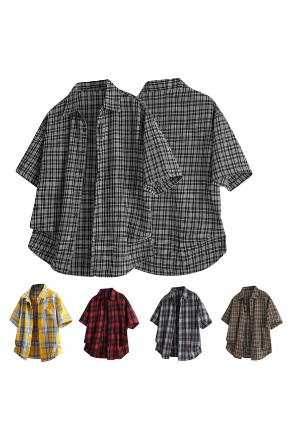 Men's Vintage Plaid Short Sleeve Shirts with Chest Pocket Loose Fit Casual Summer Tops Vintage Lapel Blouse Sackets Yellow M